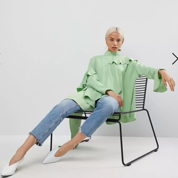 Pastel green long sleeve cascade mock neck top - Picture 4 of 16